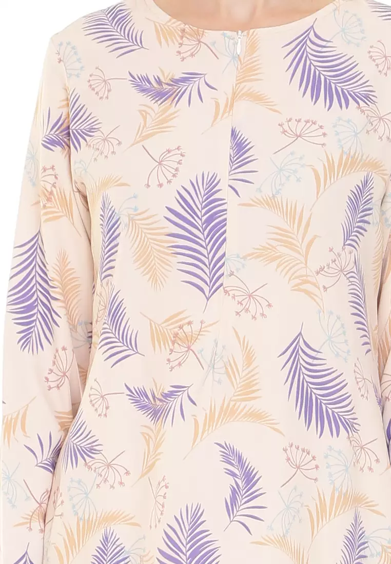 Rina Printed Kurung in Nude Purple Blue Leaf