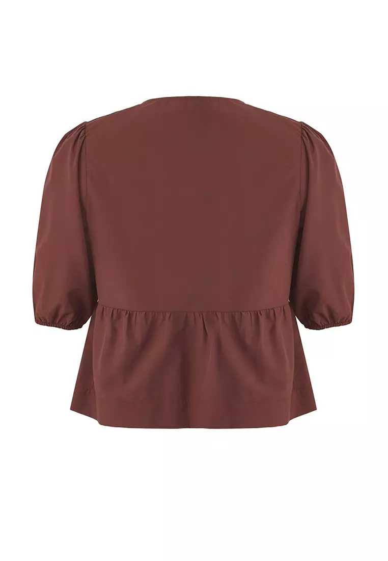 Brown Bow Woven Plus Size Blouse