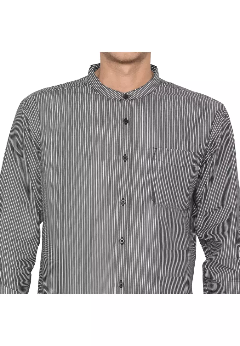 POLICE Kemeja Salur Koko Krah Shanghai Regular Fit Lengan Panjang Pria Hitam