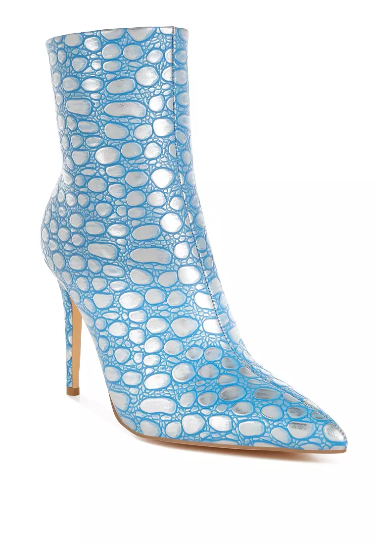 Sepatu bot hak stiletto timbul berwarna biru