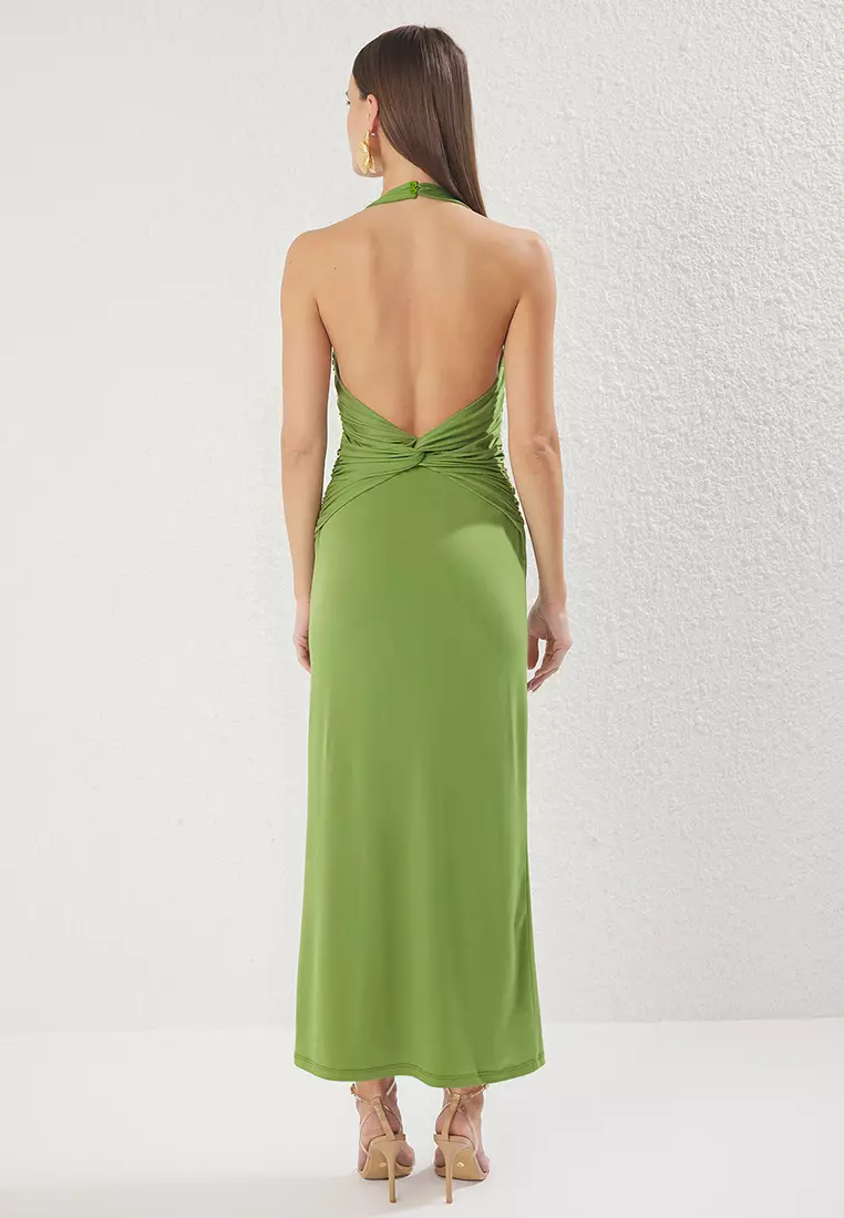 Oil Green Plain Gather / Drape Midi Twist Detail Stretchy Knit Dress TWOSS25EL00676