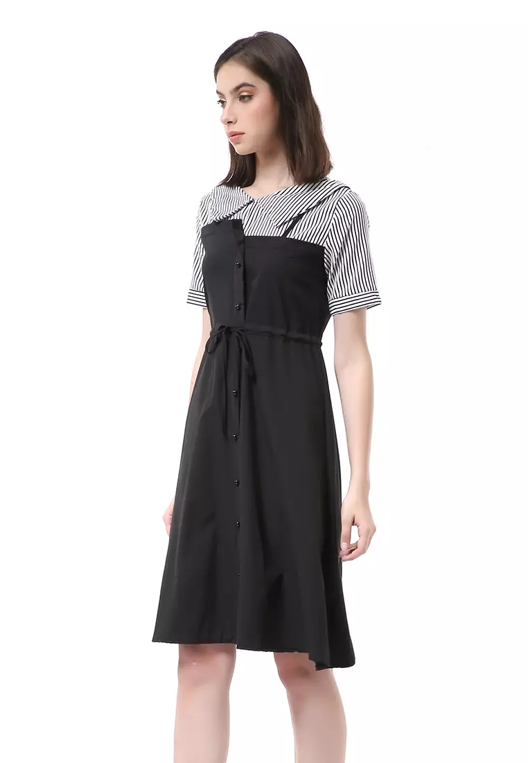 Rachel Midi Dress Wanita Lengan Pendek Vintage Design Tali Pinggang Material Cotton ORIGINAL - Black