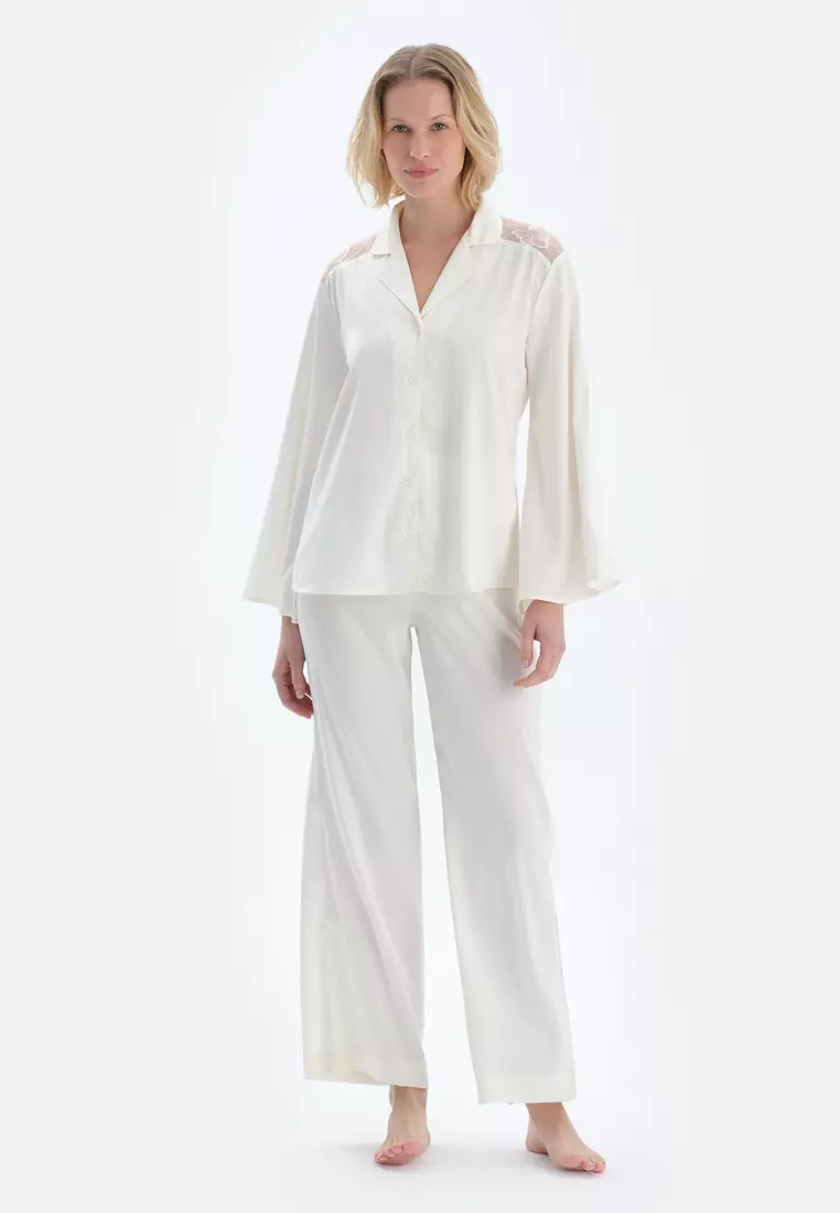 Off White Shirt, Shirt Collar, Regular, Long Sleeve Sleepwear for Women