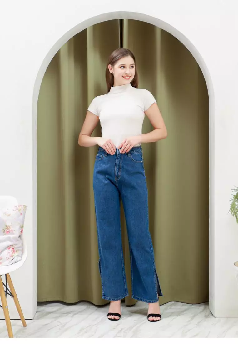 Side Straight Jeans in Blue