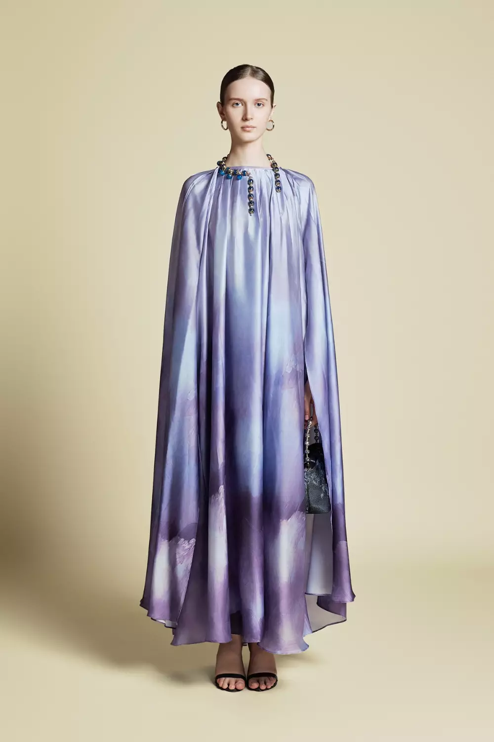 Demure Signature - Cape Kaftan in Italian silk Twill Abstract Purple - Dress