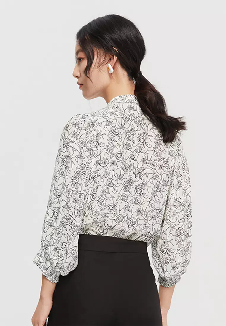 Mortif Floral Blouse with Front Ribbon Tie