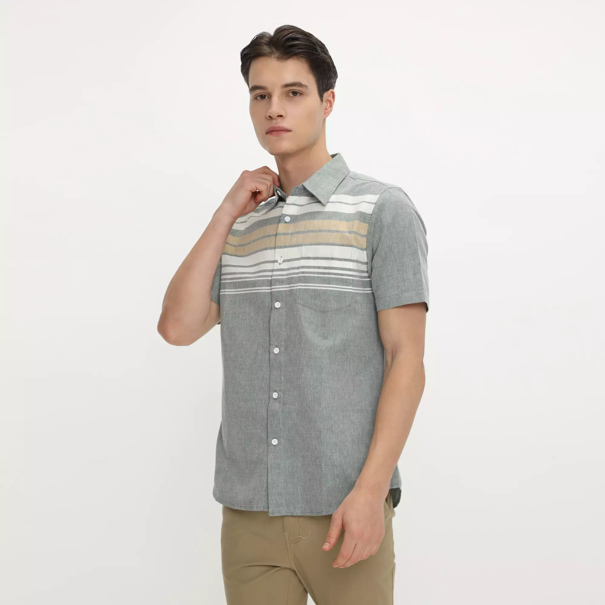 Platini Kemeja Motif Salur Pria Lengan Pendek Katun Grey 73488