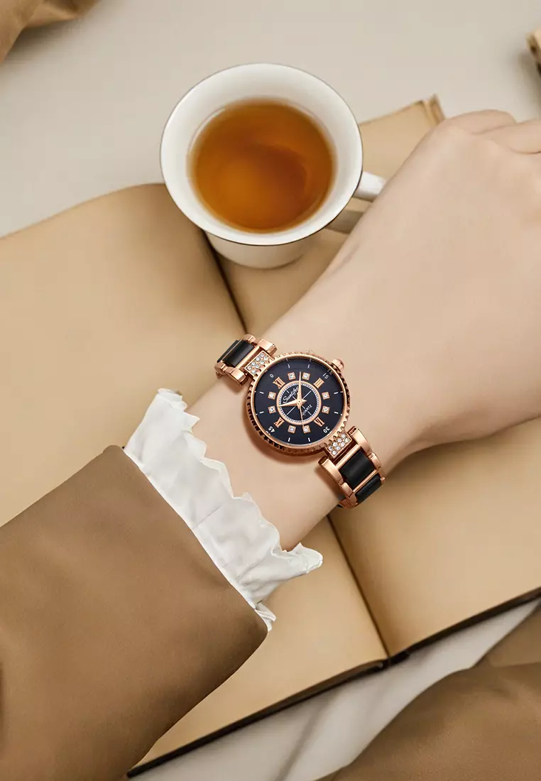 Jam Tangan Wanita Original 8013 Korea Santai Berlian Anti Air Tali keramik Jam Tangan Cewek roseblack