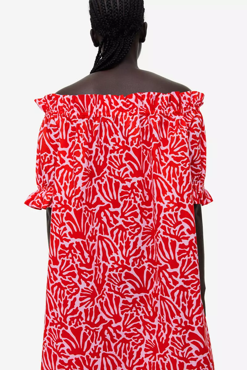 Red and white hot sale off the shoulder dress