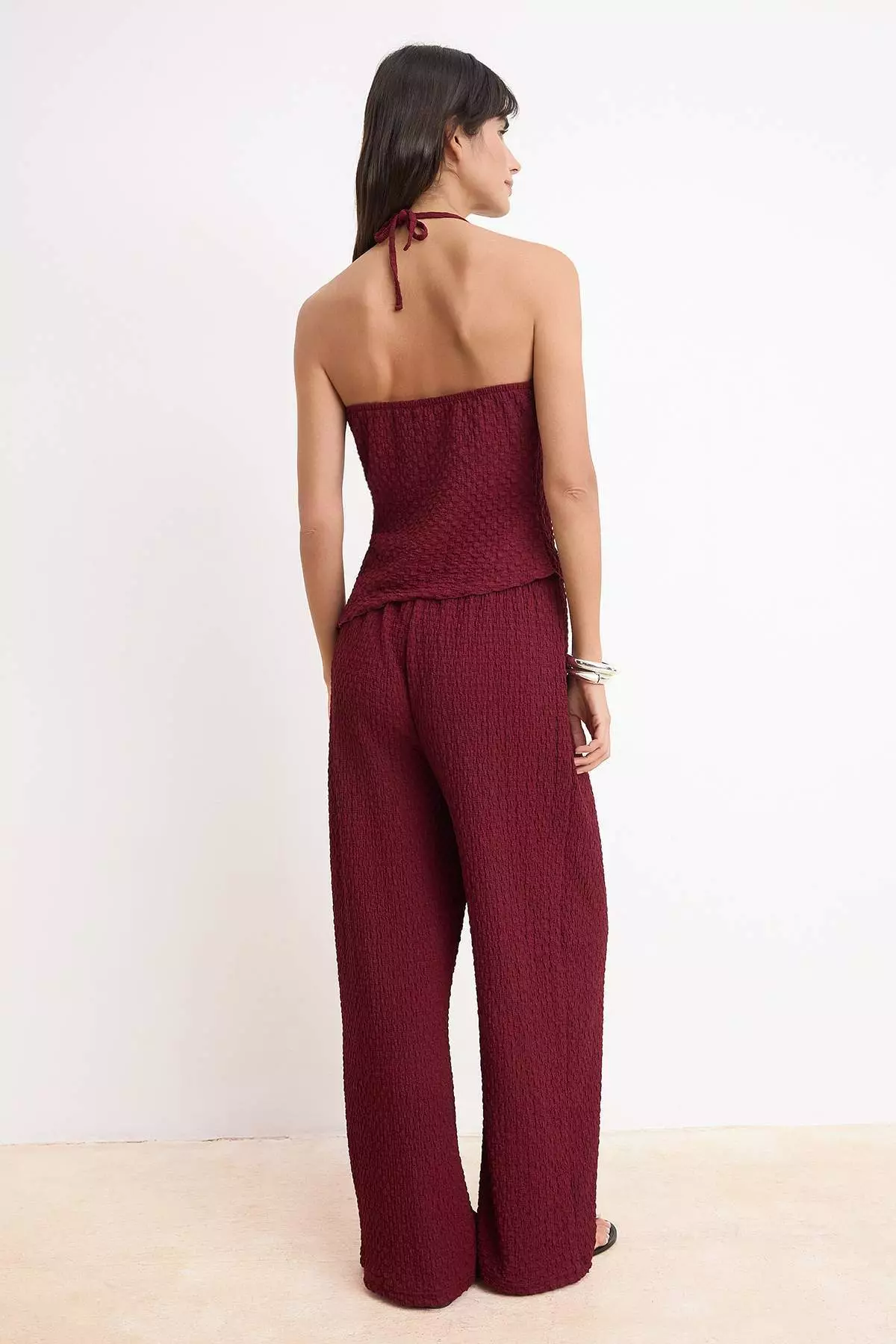 Burgundy Fitted/Sleeveless Wide-Leg Textured Knitted Top And Bottom Set Twoss26Au8
