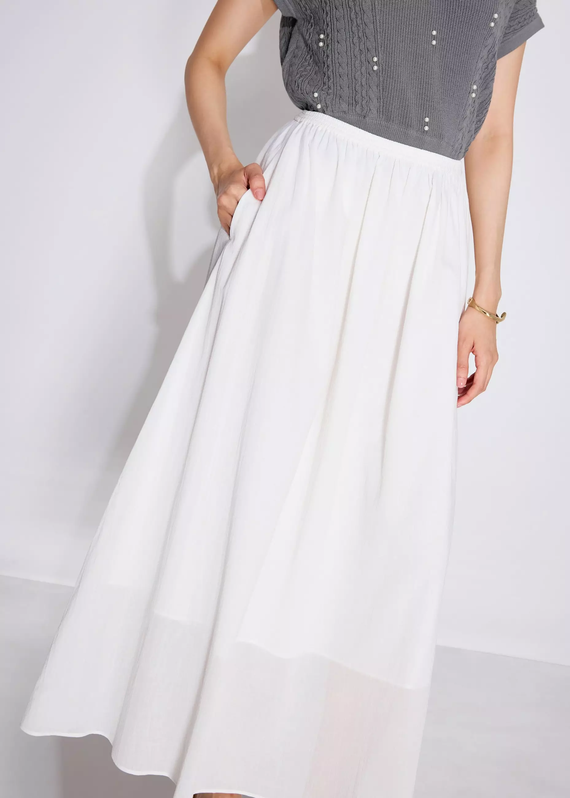 Rok Wanita - Elastic Cotton High Waist Flare Maxi Skirt