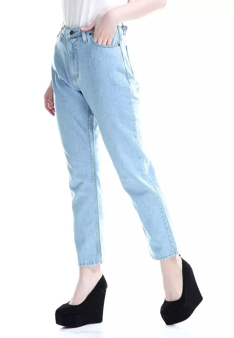 Marilyn Jeans Wanita High Waist Boyfriend Woman Design Simple - Biru Muda