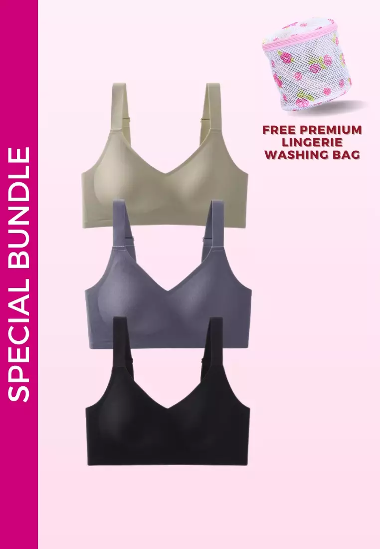 3 Pack Premium Melissa Seamless Wireless Padded Support Bra in Green, Blue and Black
