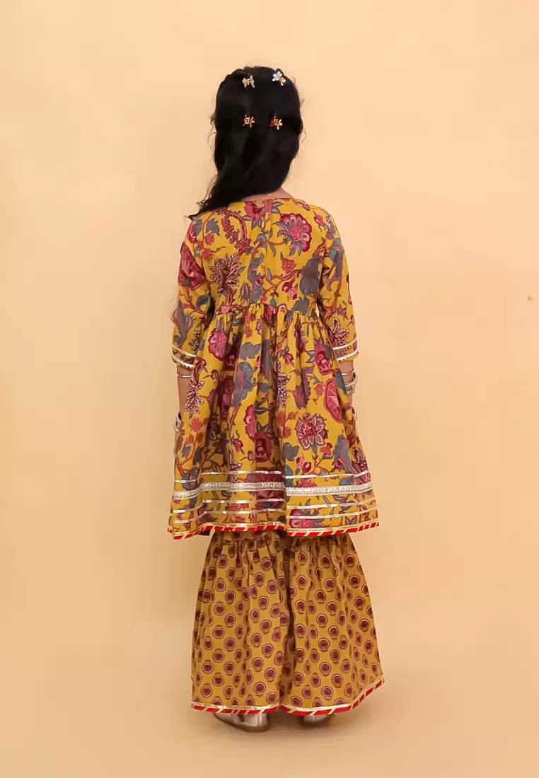 The Mom Store Peele Phool Block Print Girls Anarkali Sharara Set - Multi