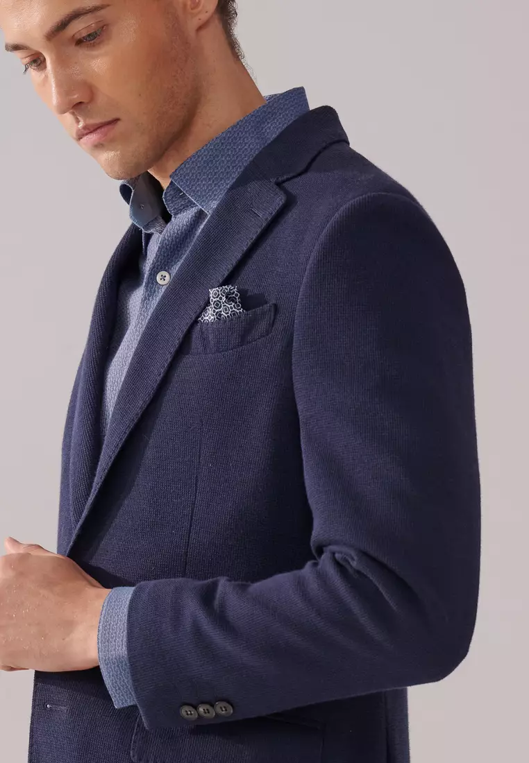 Navy Texture Slim Stretch Jersey Blazer