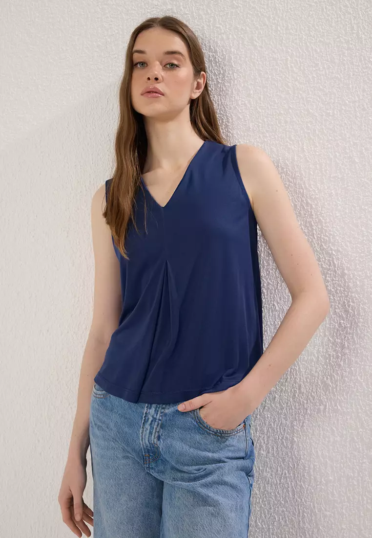 Navy Blue More Sustainable Modal Fluid Fabric Regular Fit Pleated Knitted Blouse TWOSS25BZ00401