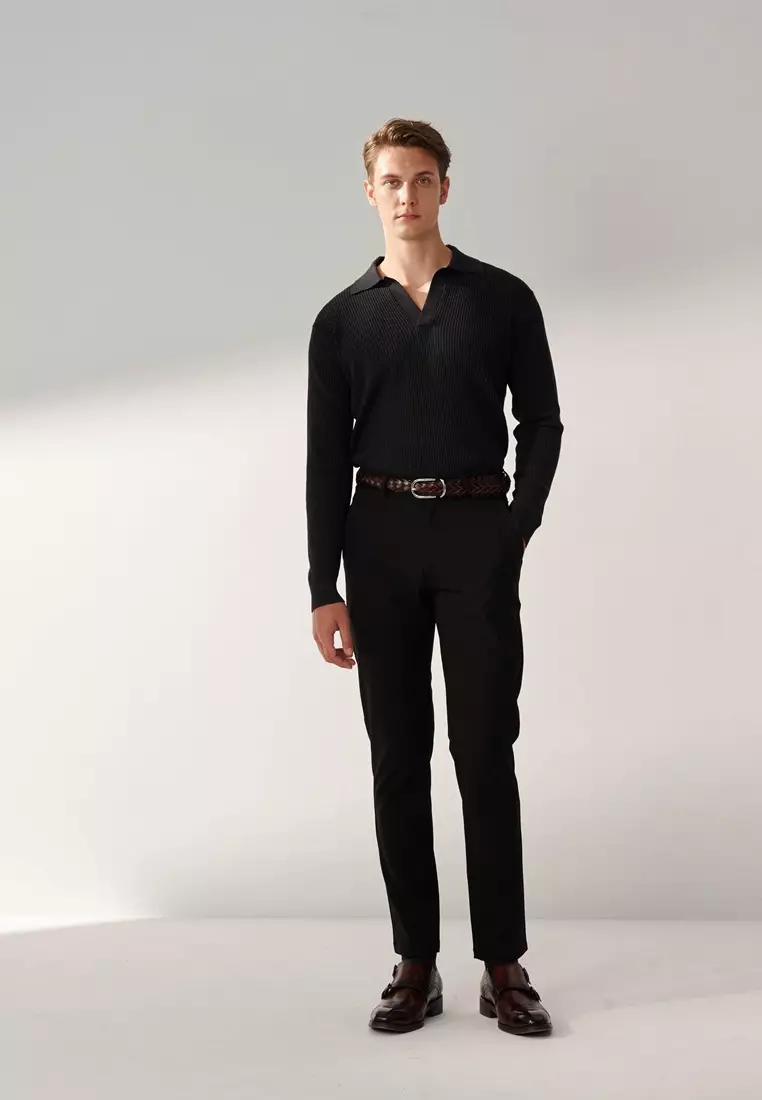 Dark Gray V-neck Vertical Stripe Textured Knitted Sweater