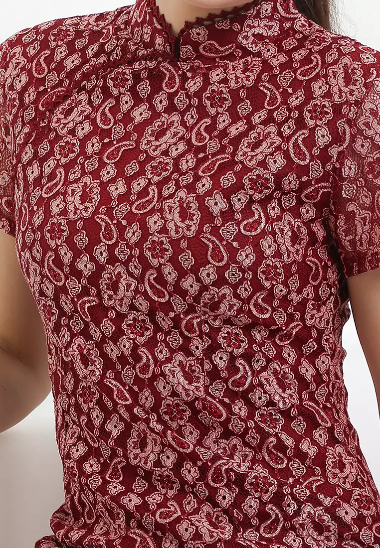 Ruffle Hem Two Tones Lace Qipao Dress