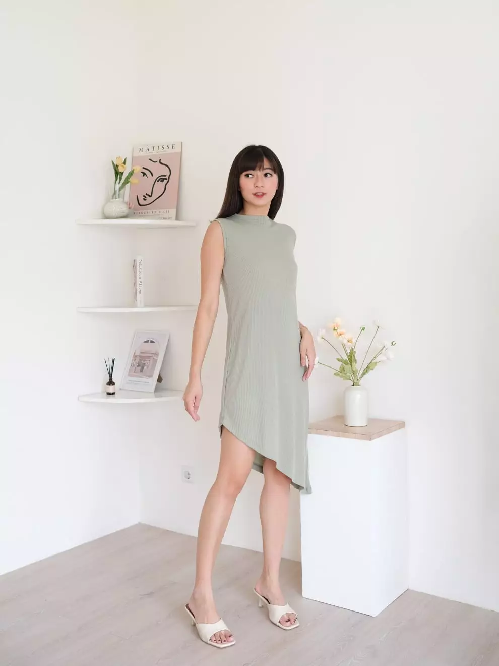 Mint by AM Asymmetric Knit Dress Sage Green