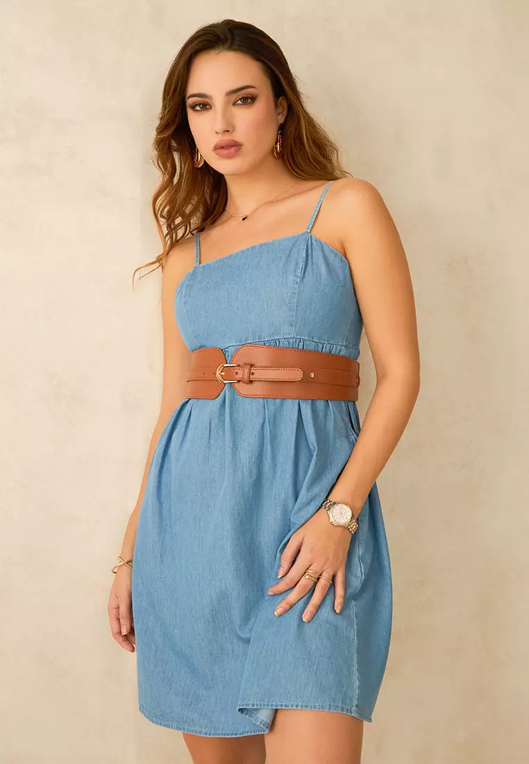 VIRGIO 100% Cotton Smocking Light Blue Mini Dress