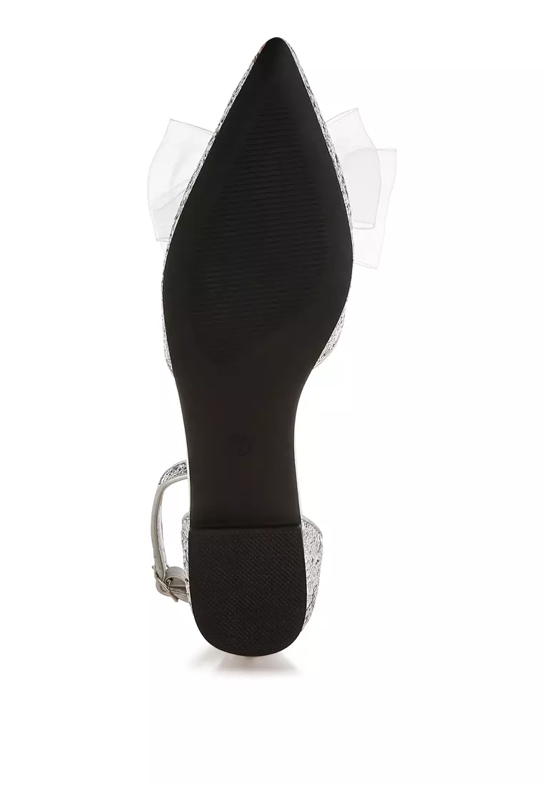 Sheer Bow Detail Glitter Flat Sandals in Silver