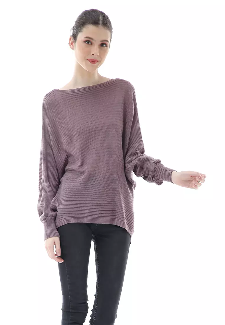 Eveline Sweater Rajut Batwing Atasan Wanita Motif Polos High Quality - Burgundy