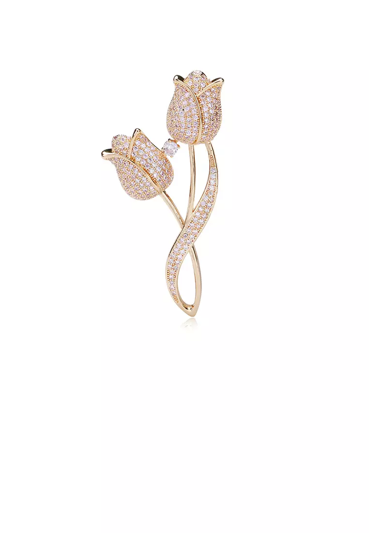 Fashion and Elegant Plated Gold Double Tulip Brooch with Cubic Zirconia