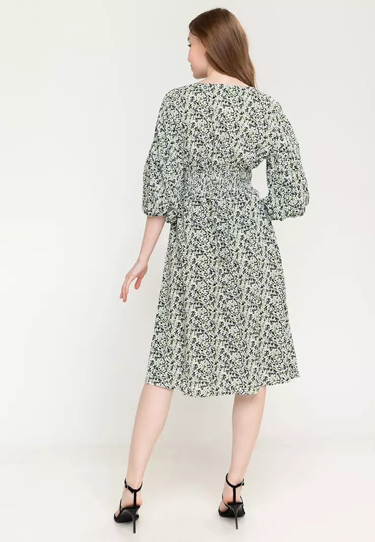 Clarence Printed V-neck Smocked Dress