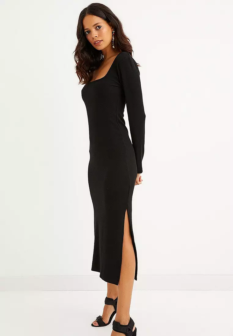 Square Collar Midi Slit Dress