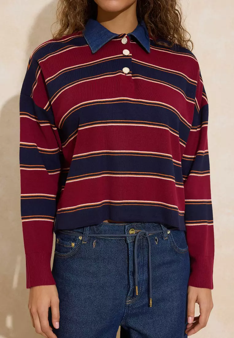 Multi-Colored Striped Denim Paneled Polo Collar Knitwear Sweater Twoaw26Kz283