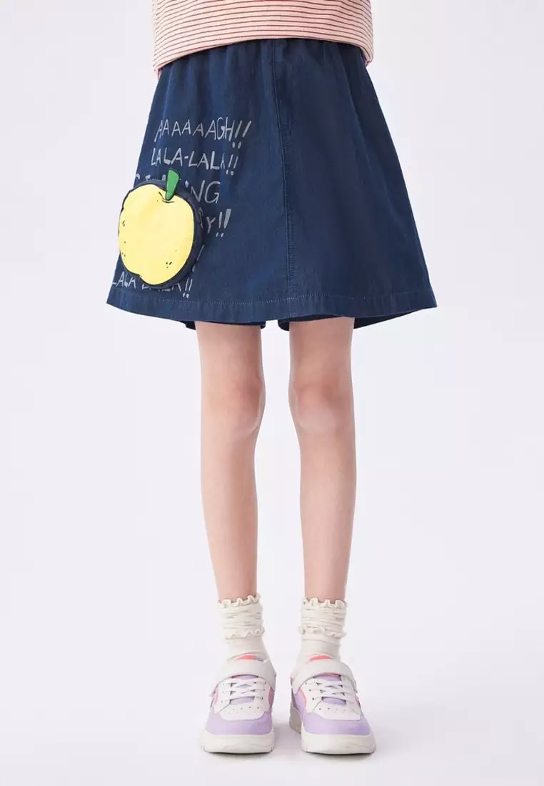 Apple Print Cotton Denim Skirt Short with Pocket