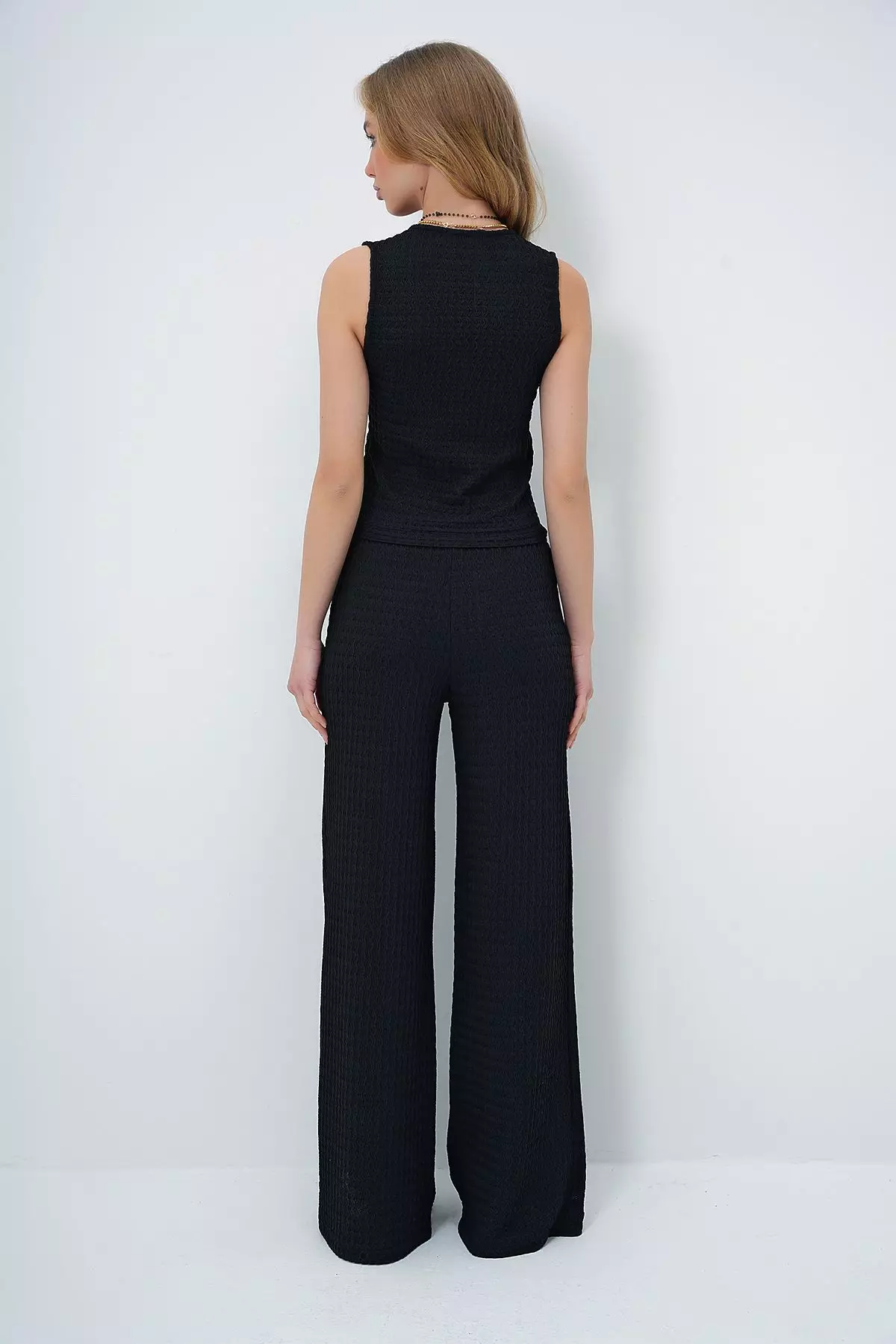 Women's Black V-Neck Buttoned Vest and Trouser Set