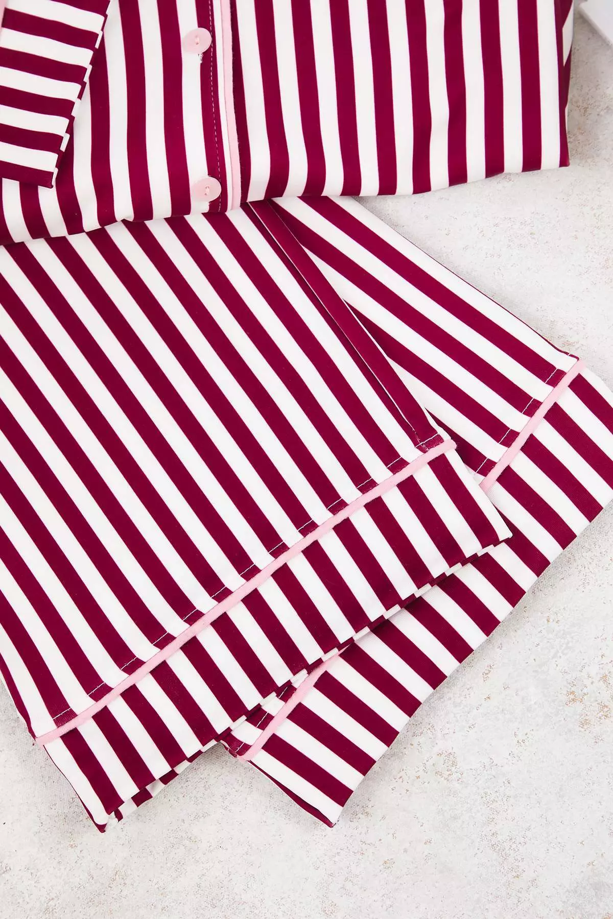 Burgundy Striped Patterned Piping Inside Polar Fleece Shirt-Pants Knitted Pajama Set Tbbaw25Ai00028