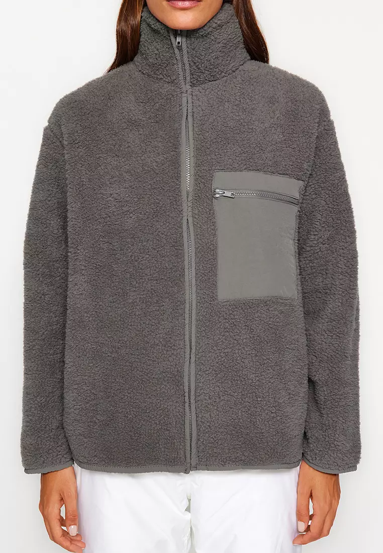 Winter Essentials Anthracite Thick Fleece Zippered Stand Collar Pocket Knitted Sweatshirt Twoaw24Sw71