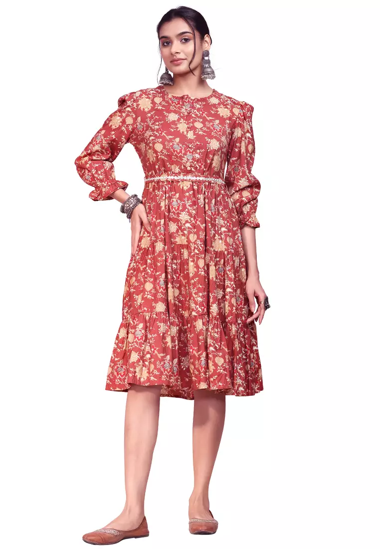 Peach Floral Print Muslin Dress With Belt