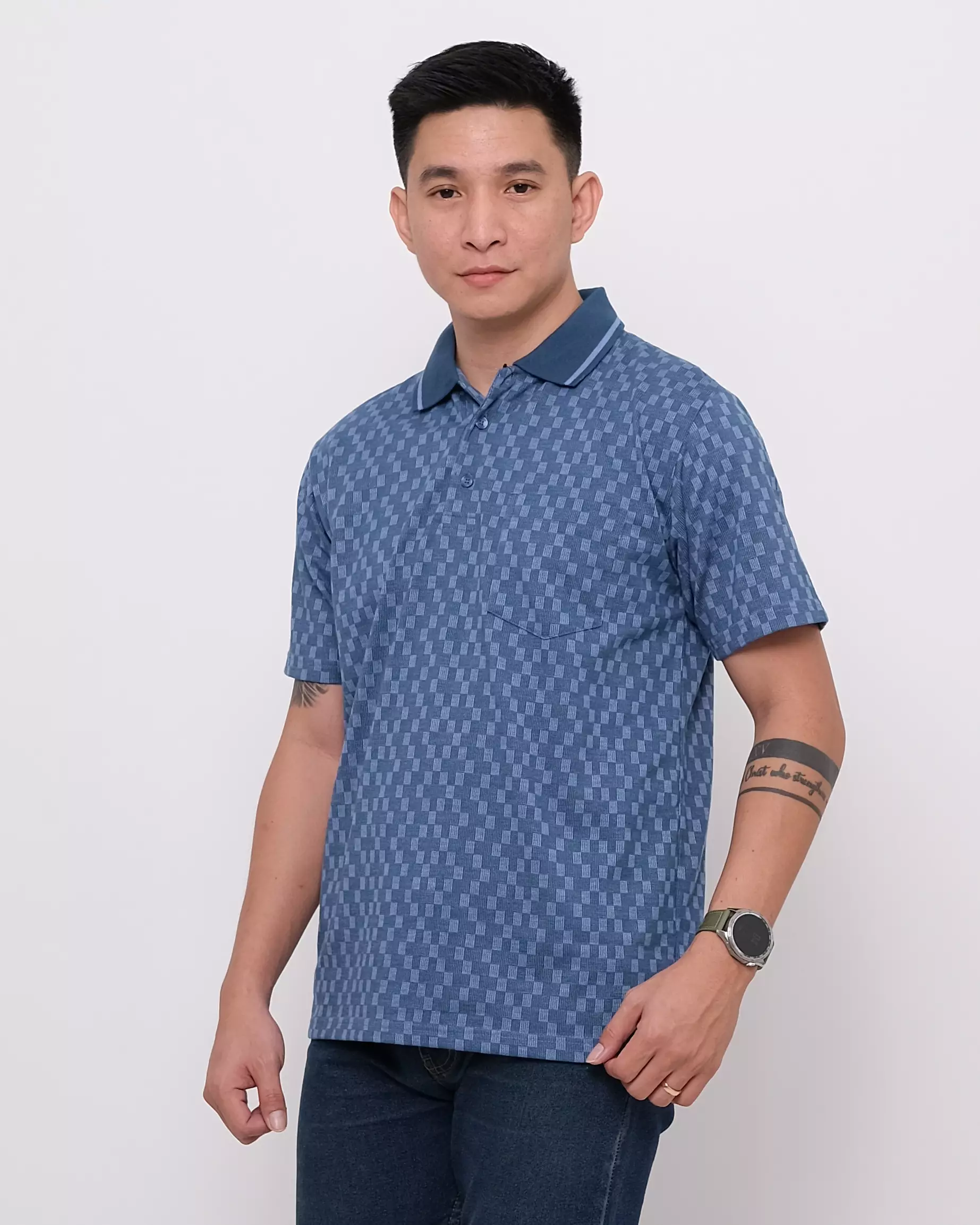 Andre Michel Polo Shirt Lengan Pendek Biru Motif Kotak 3428