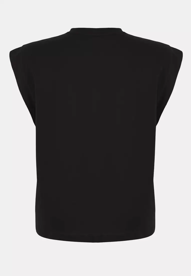 Black Crew Neck Button Detailed 100% Cotton Knitted Plus Size T-Shirt Tbbss25Bf00010