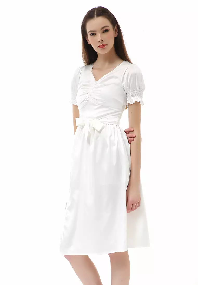 Rachel Dress Wanita Model Belah Samping Lengan Kerut Material Satin ORIGINAL - White