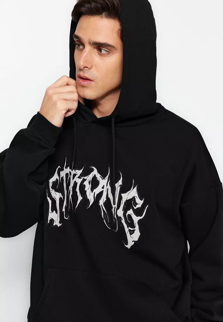 Black Oversize/Wide Cut Fleece Hooded Sweatshirt With Text Embroidery