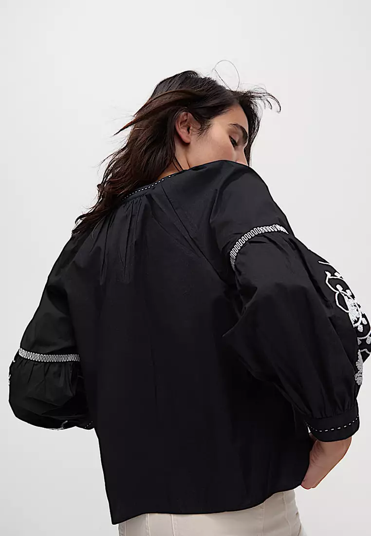 Pure Cotton Embroidered V-Neck Blouse