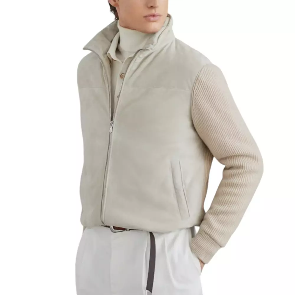 Suede Bomber Jacket with Knit Sleeves Natural