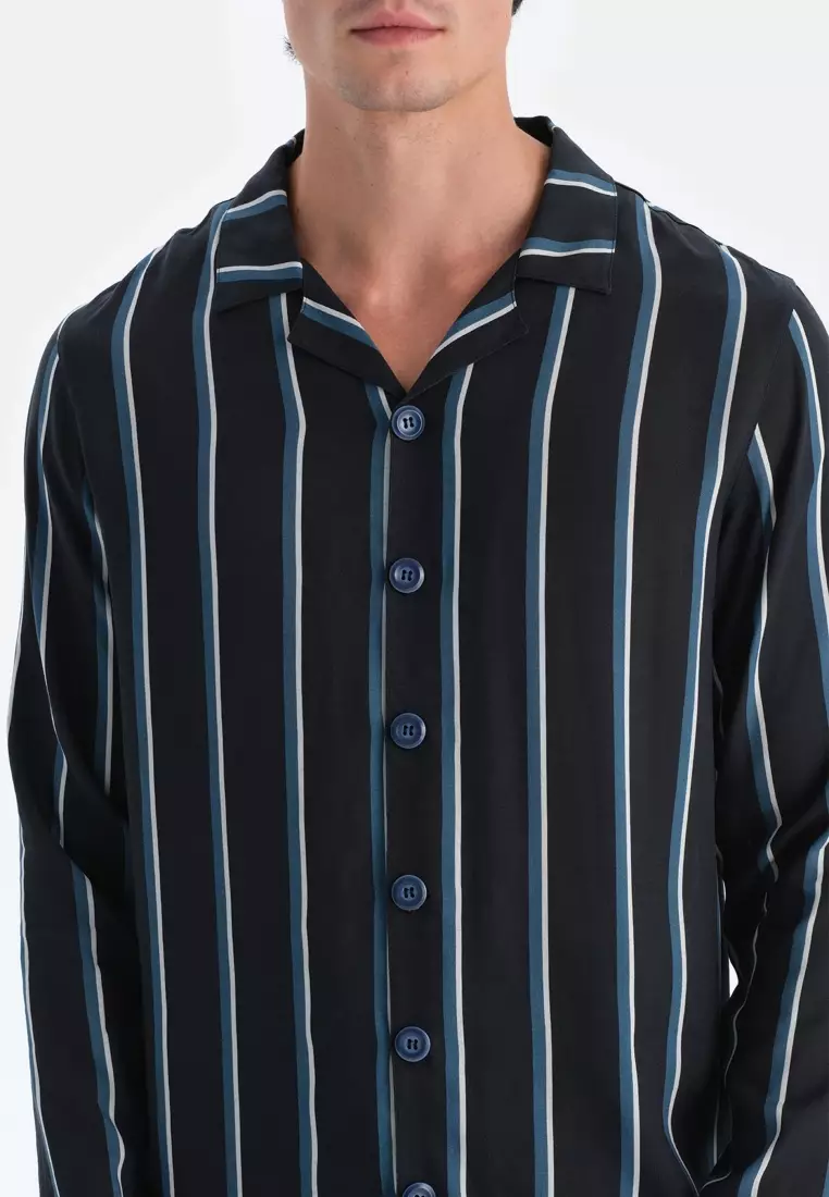 Navy Shirt, Striped, Regular Fit, Long Sleeve Sleepwear for Men