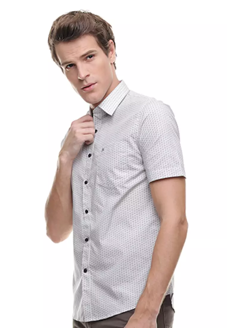 Johnwin - Kemeja Formal - Kemeja Pria - Lengan Pendek - Motif Jaring - Putih - FSH.650.K380.632.C S/S