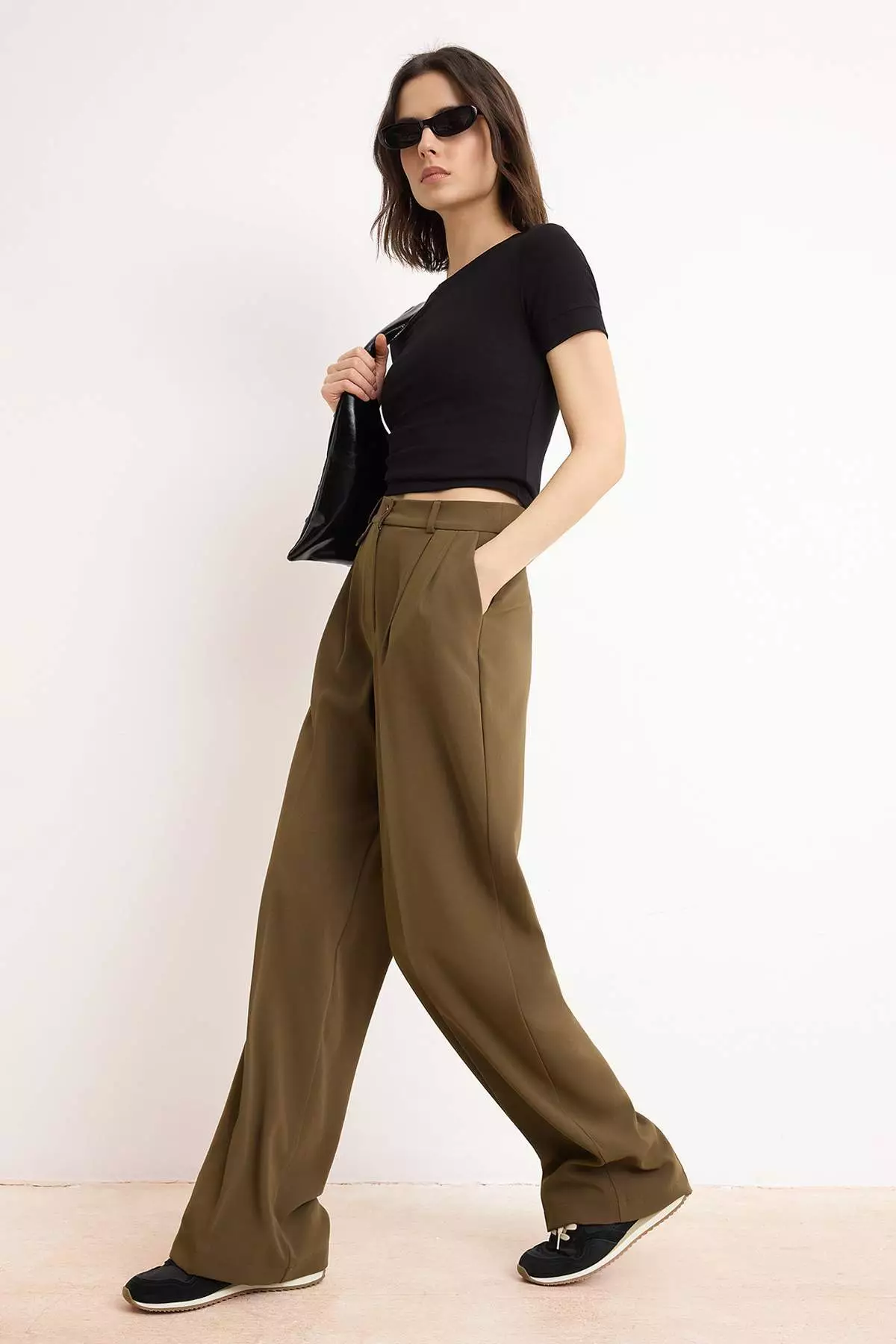 Khaki Special Collection Drapey Wide Leg Fabric Trousers Twoss26Pl54