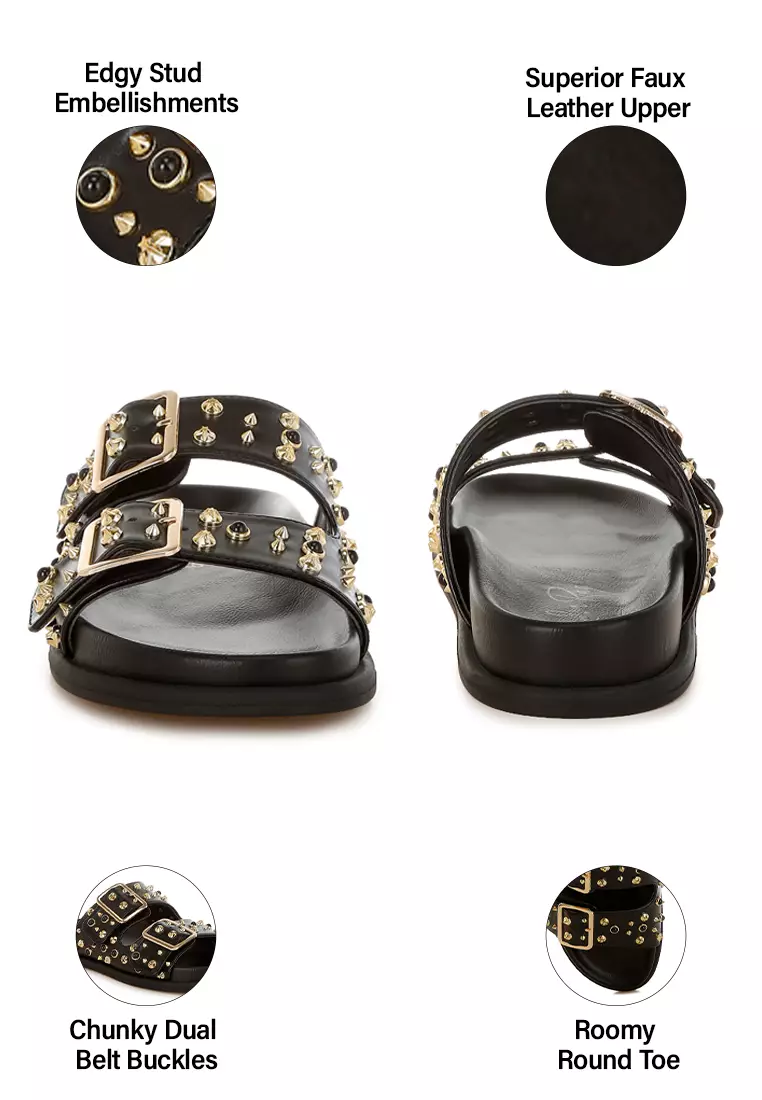 Metallic Stud Embellished Sliders In Black