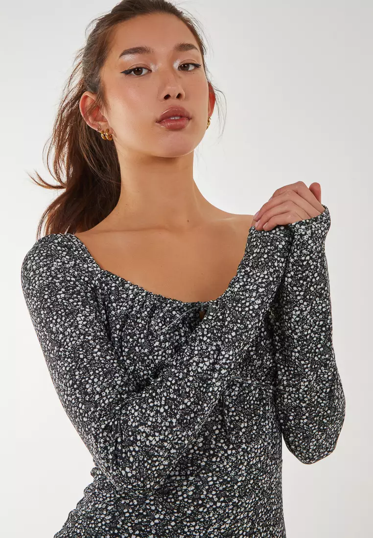 Pink Vanilla Black Long Sleeve Ditsy Floral Dress