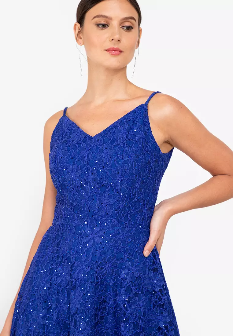 Gracie Cobalt Blue Sequin Lace Cocktail Dress