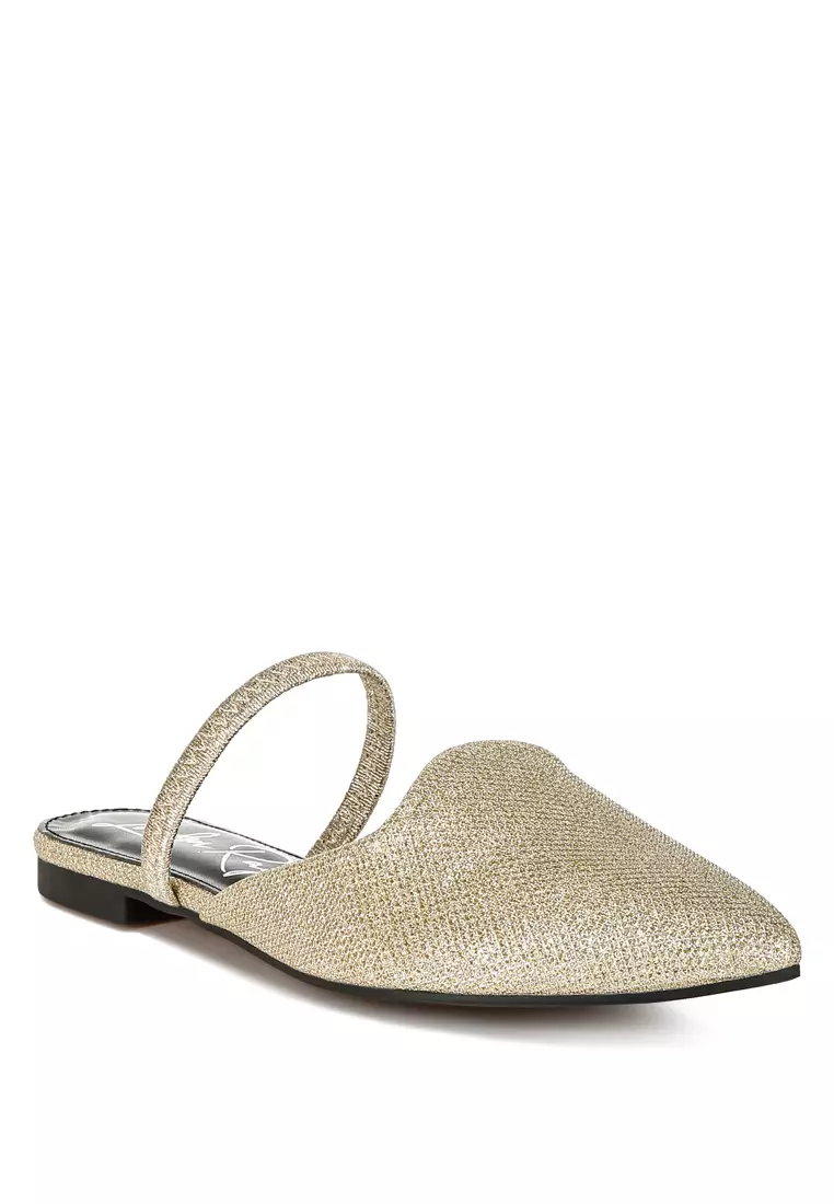 Glitter Faux Leather Flat Mules in Gold