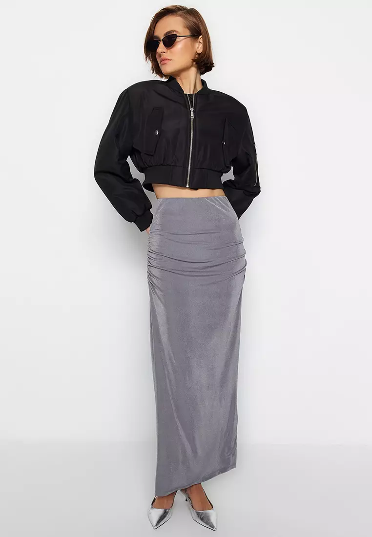 Glossy Finish and Soft Textured Drape Maxi Knitted Skirt