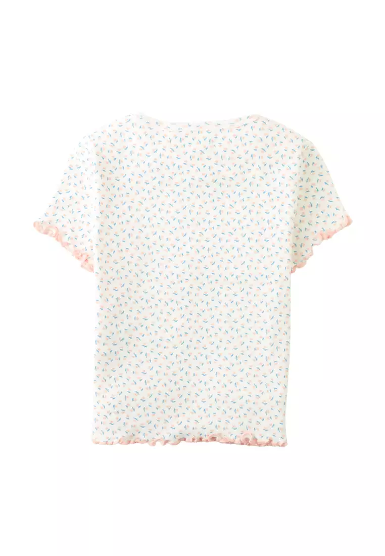 Anya Pointelle Tee with All-Over Floral Print and Satin Bow in Off-White